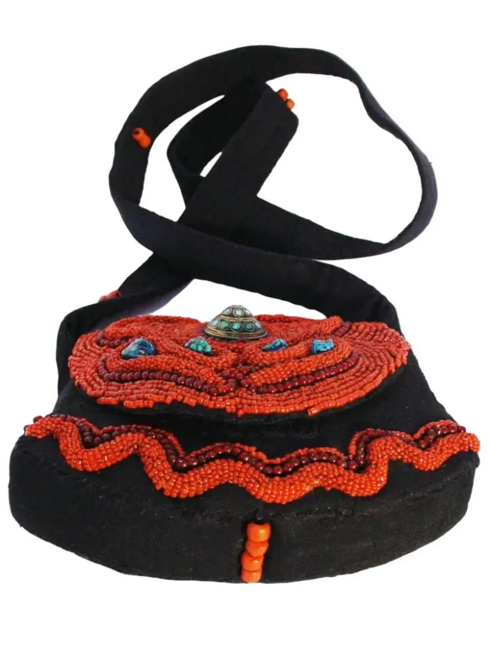 TURQUOISE and CORAL Vintage Handmade Beaded Crossbody Bag - OOAK - Picture 2 of 10